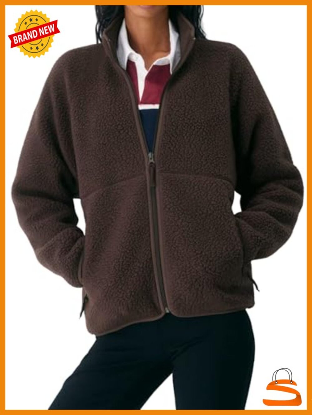 Womens Sherpa Fleece Jacket Full Zip Up Stand Collar Coat